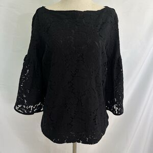 NEW LAUREN RALPH LAUREN Women's Black Lace Boatneck Bell Sleeve Top PXS